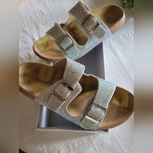 Forever 21 Iridescent Crystal Two-Strap Sandals - Silver